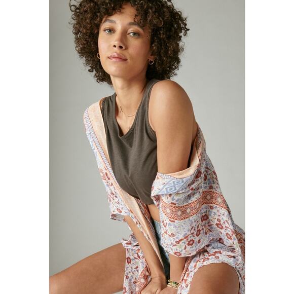 Lucky Brand Womens Kimono One Size Peach Multi Boho Print Beach Coverup Fringe - Picture 3 of 11